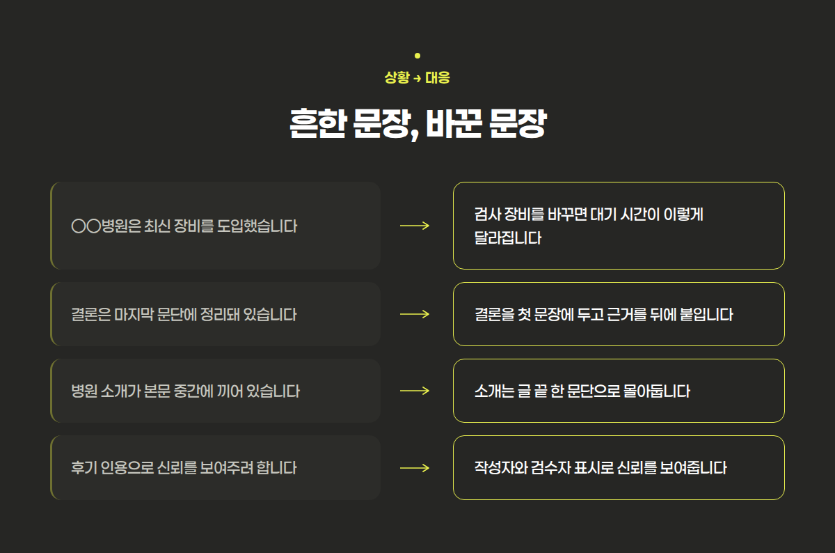 광고처럼 읽히는 문장과 정보로 읽히는 문장을 상황별로 비교한 네 가지 예시